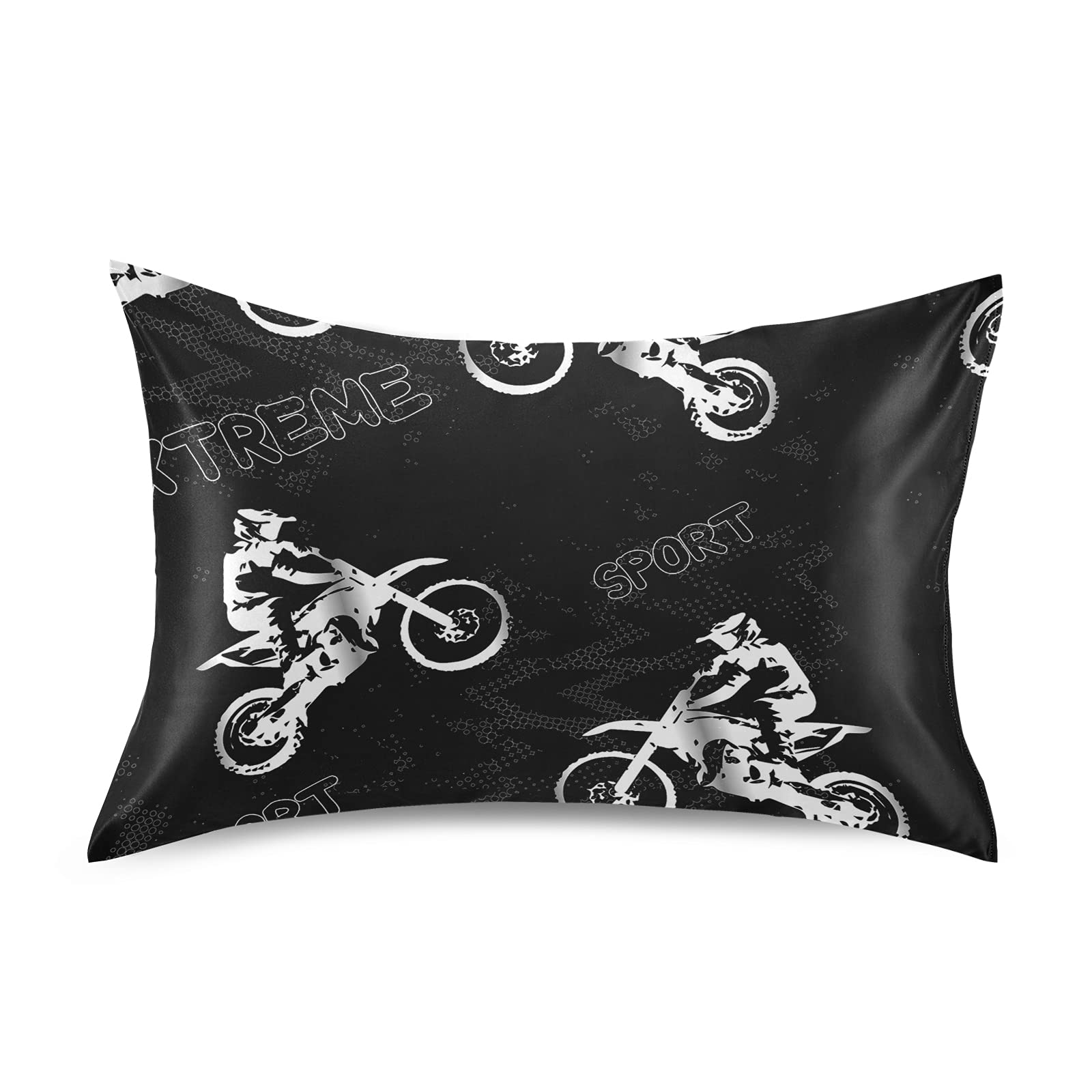 Retro Man on Motorcycle Boys with Motocross Black White Silky Satin Pillowcase for Hair and Skin, Soft Breathable Bed Pillow Cover, Decorative Silk Pillow Cases, Queen Size 20x30 inches