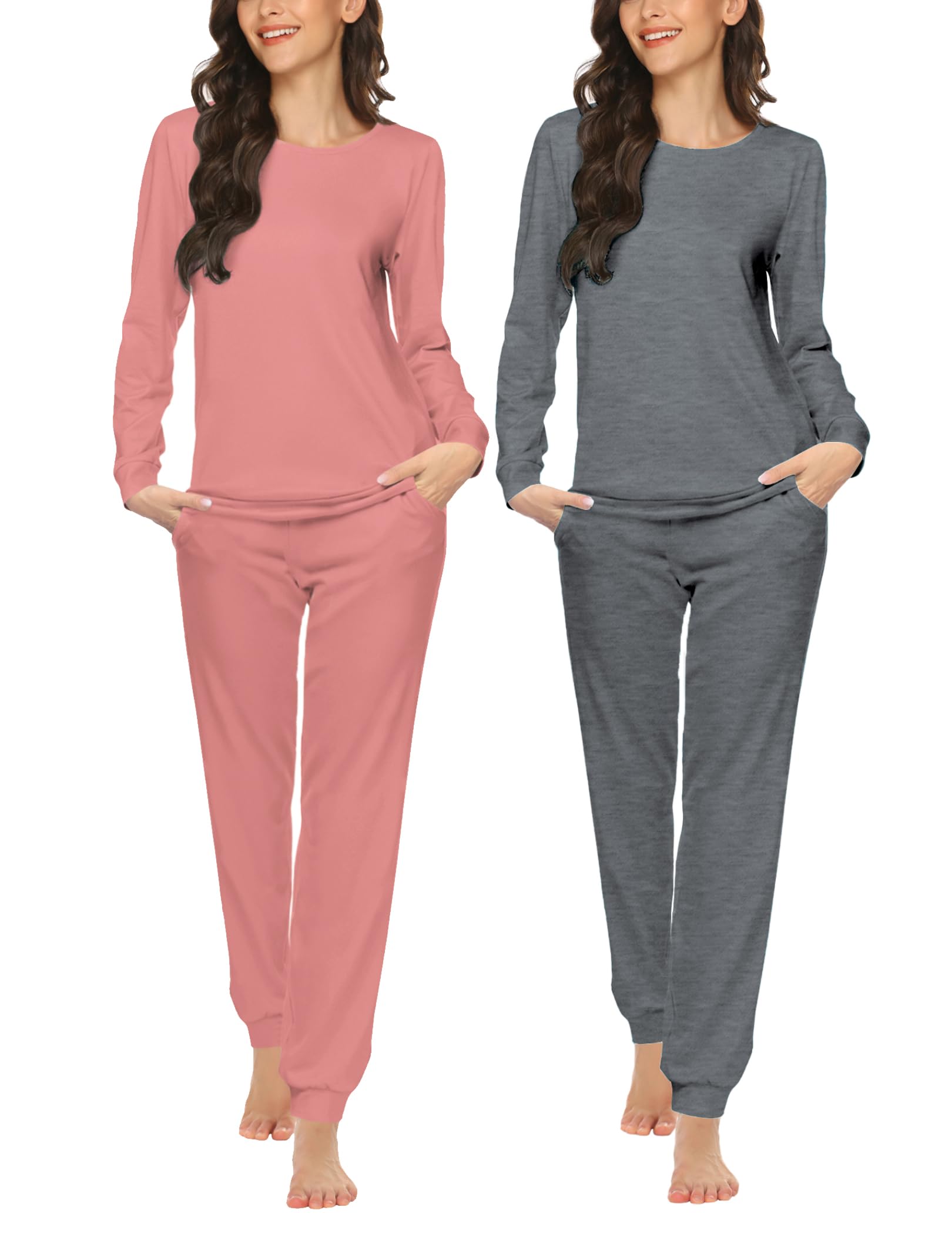 Ekouaer 2 Pack Pajama Sets for Women,Long Sleeve Top With Jogger Pants Lounge Set Sleepwear with Pockets