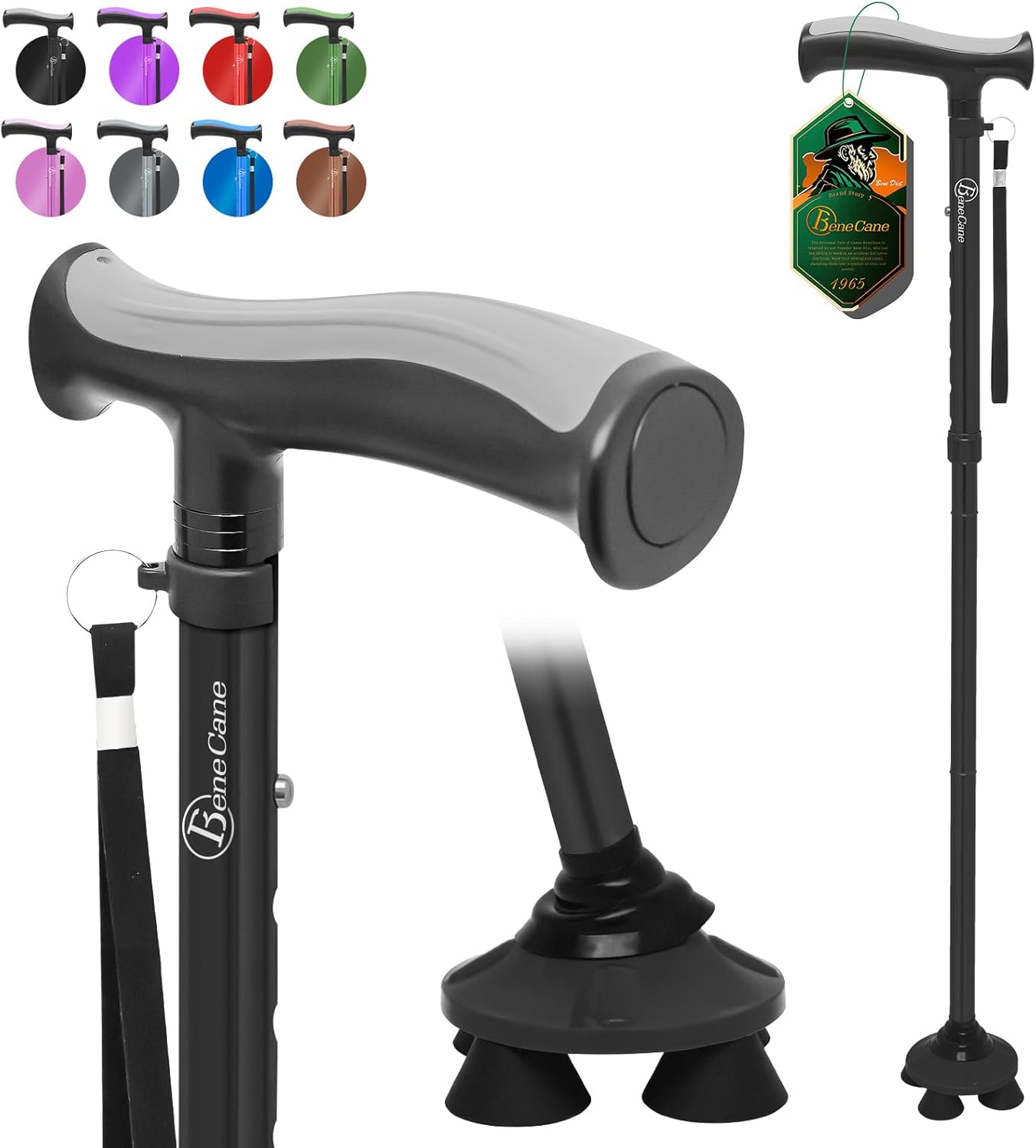 BeneCane Folding Quad Cane for Seniors with Soft TPR THandle