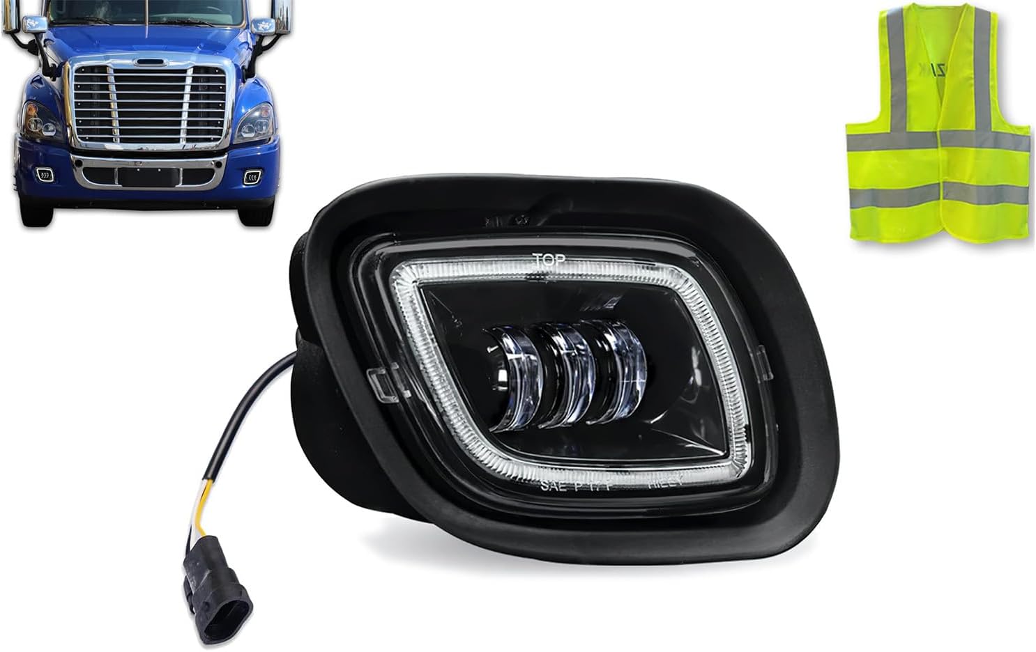 KOZAK Full LED Fog Light Lamp with Halo Ring DLR Black Housing (Right Passenger Side) compatible with Freightliner Cascadia 2008-2017 PLUS Logo Reflective Vest