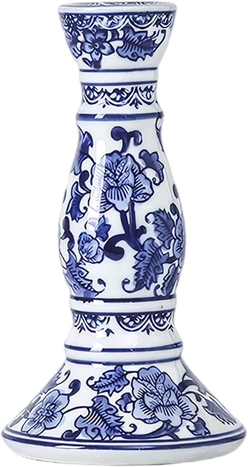 Blue & White Porcelain 8.3x3.9'' Ceramic Candle Holder with Floral Patterns Elegant Handcrafted Candle Stick Holder for Desktop & Space Decoration...