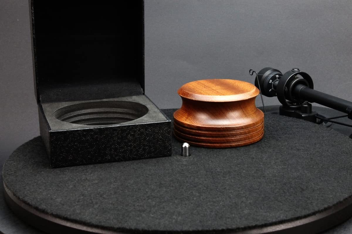 MDP 8 - SPETTACOLARE clamp stabilizzatore peso DELUXE da 337 GRAMMI in alluminio e legno naturale di Sapele con cofanetto per giradischi
