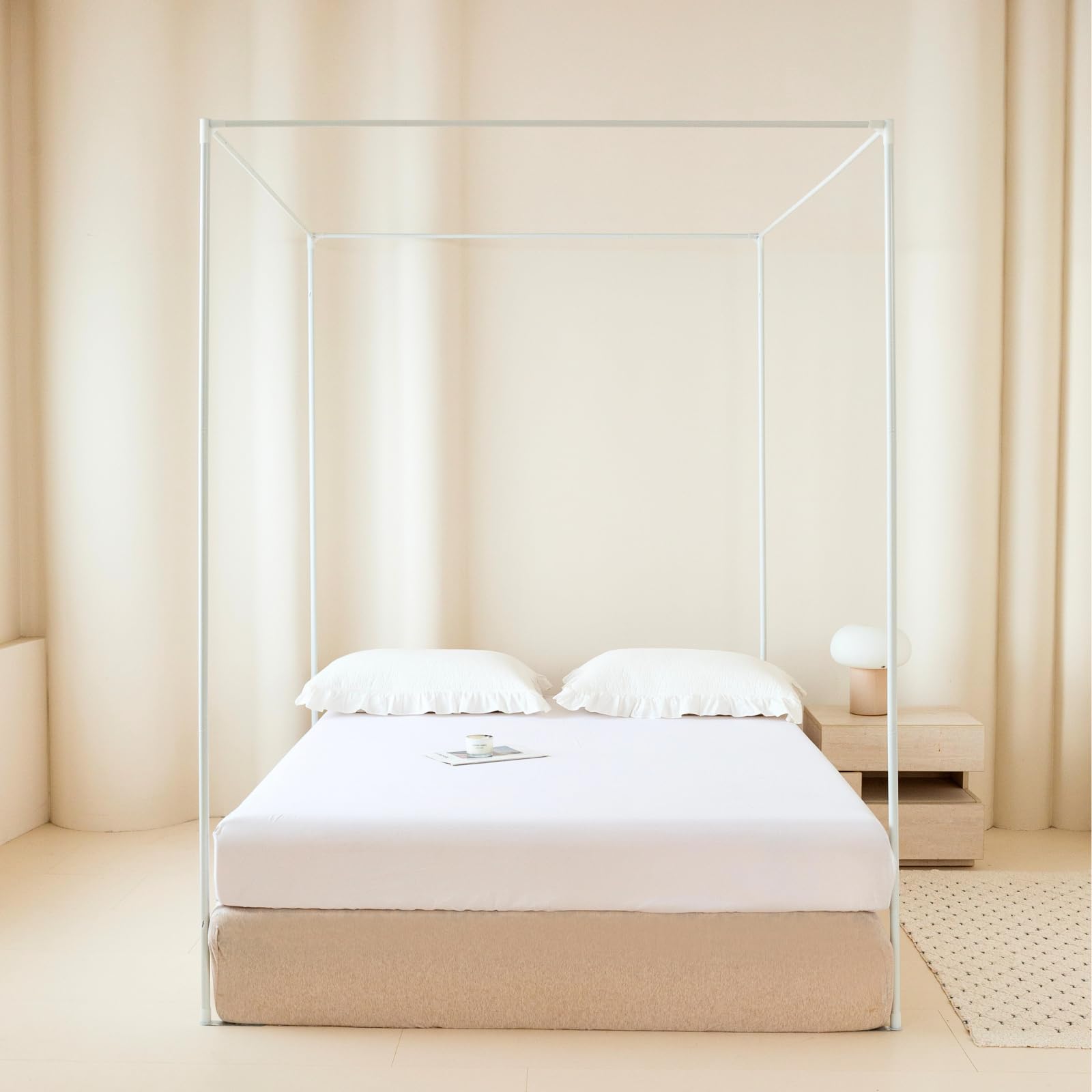 Telaio per letto a baldacchino, bianco, larghezza 200 x lunghezza 200 x altezza 200 cm, quattro poster, telaio per letto in metallo, telaio a quadro, letto angolare, cornice per un letto