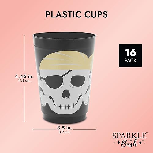 Miniatura 3 de Sparkle and Bash Paquete de 16 vasos de plástico con temática de calavera para niños, suministros de fiesta de cumpleaños pirata (negro, 16 onzas)