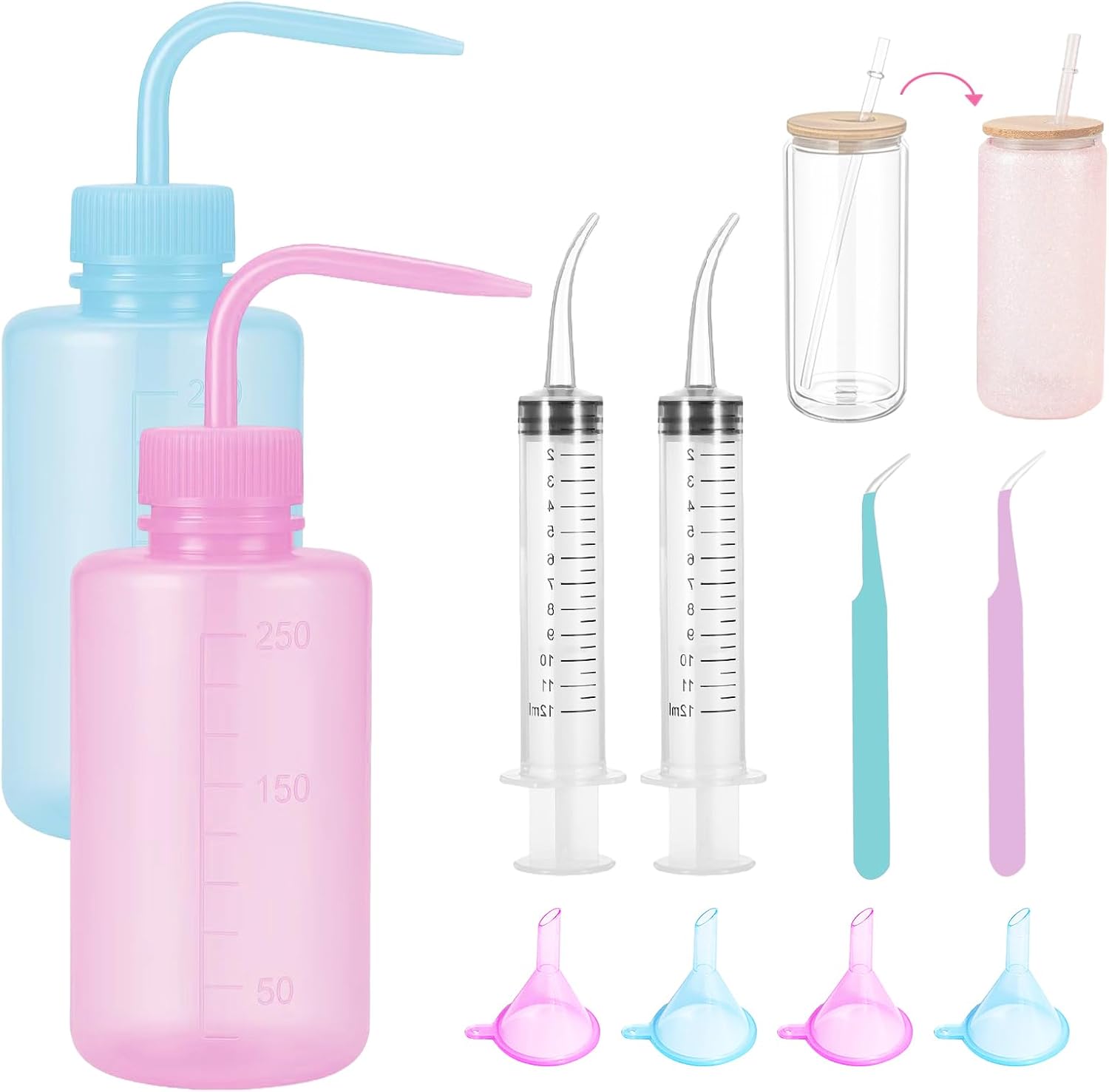 Snow Globe Tumbler Supplies Kit - Complete 10-Piece DIY Craft Set with Bent Syringe, Tweezers, Small Funnel & Squeeze Bottles for Glass Cups Supplies for Glitter Snowglobe Tumbler Craft Cup Making