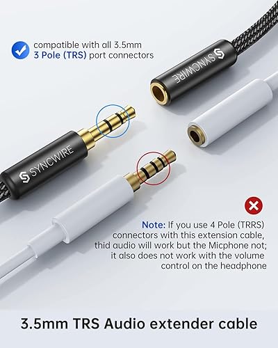 Miniatura 5 de Syncwire Cable de extensión de auriculares de 6 pies sonido de alta fidelidad conector chapado en oro TRS de nailon trenzado de 0.138 in macho a