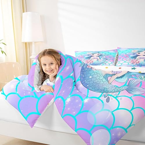 Miniatura 6 de Erosebridal Juego de edredón de sirena para niños, tamaño matrimonial, para niñas, ropa de cama de sirena brillante azul y rosa, juego de ropa de