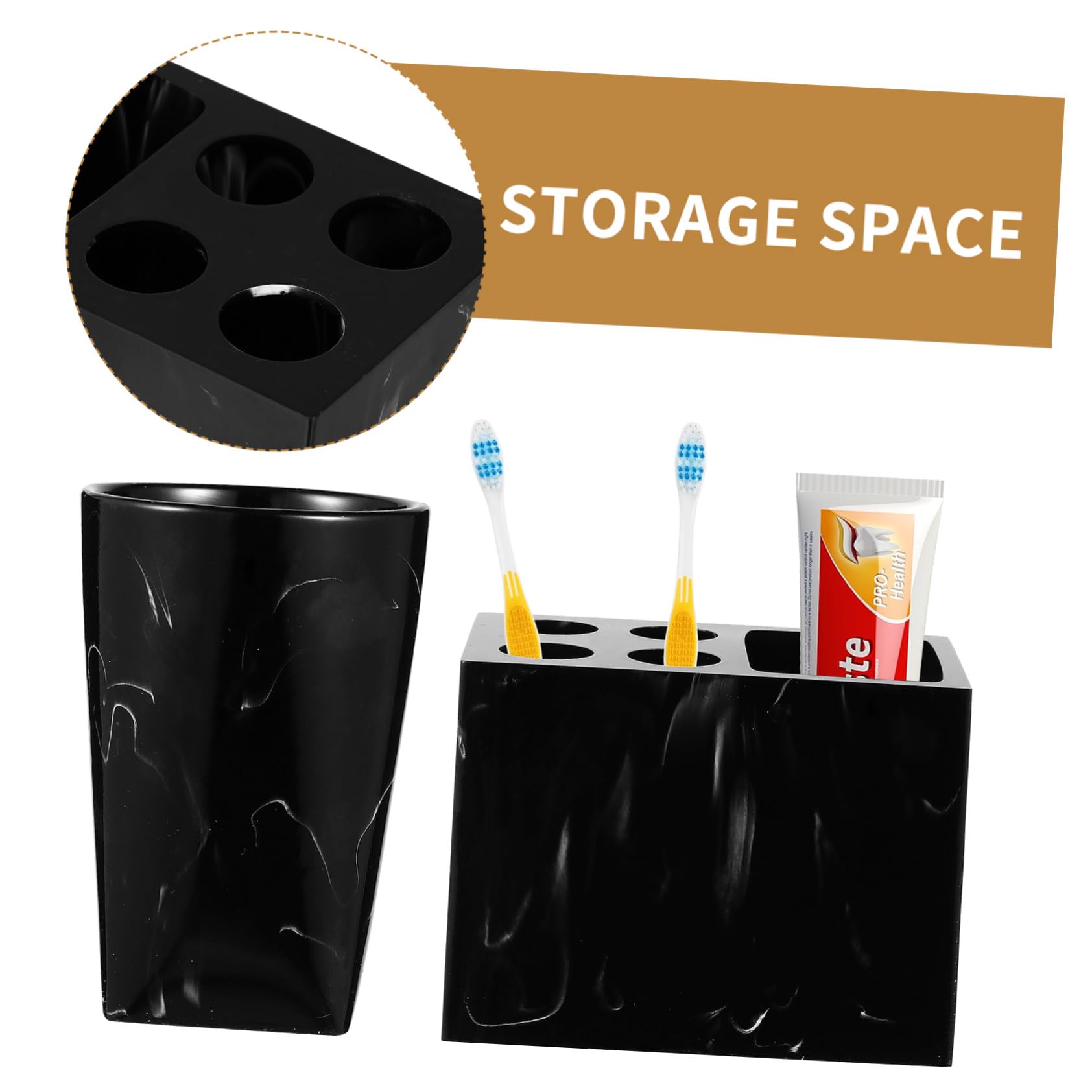 Set de Baño Marmolado de Resina Negro 5 Piezas para Lavabo | Botella de Mano, Soporte para Cepillos, 2 Vasos de Enjuague, Bandeja para Jabón, Juego Práctico de 5 Piezas