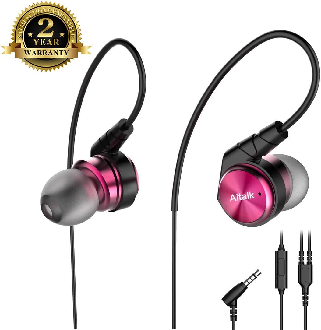 Jogging Headphones, Aitalk M901 In Ear Monitor Noise Isolating Heavy Bass Over Ear Waterproof Earhook Exercise Earbuds with Mic and Metal Housing Wired Running Earphones for Workout GYM Sports (Red)