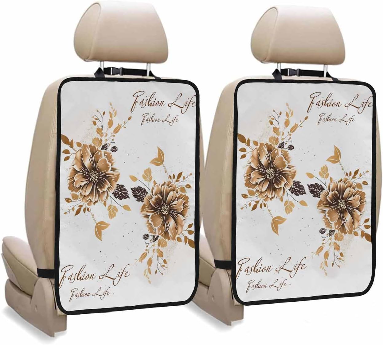 T&H XHome Car Seat Protector, 2 Pack Kick Mats Back Seat Protector Flowers Golden Floral Leaves and Letter Print Waterproof Backseat Cover for Kids Universal Fit Automotive Interior Protectors