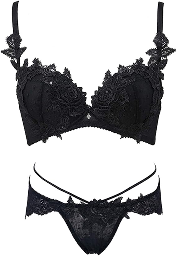 Amazon Micisty 下着 レディースフ手作り刺繍セクシー薄いレディースブラジャースパンコールの装飾下着セット セット 通販