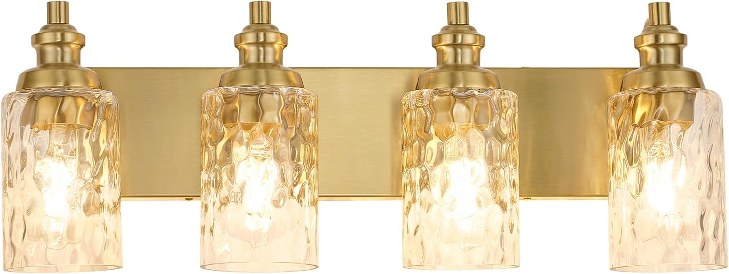 4-Light Bathroom Light Fixtures Over Mirror, Farmhouse Vanity Lights with Hammered Glass Shades, Brushed Brass