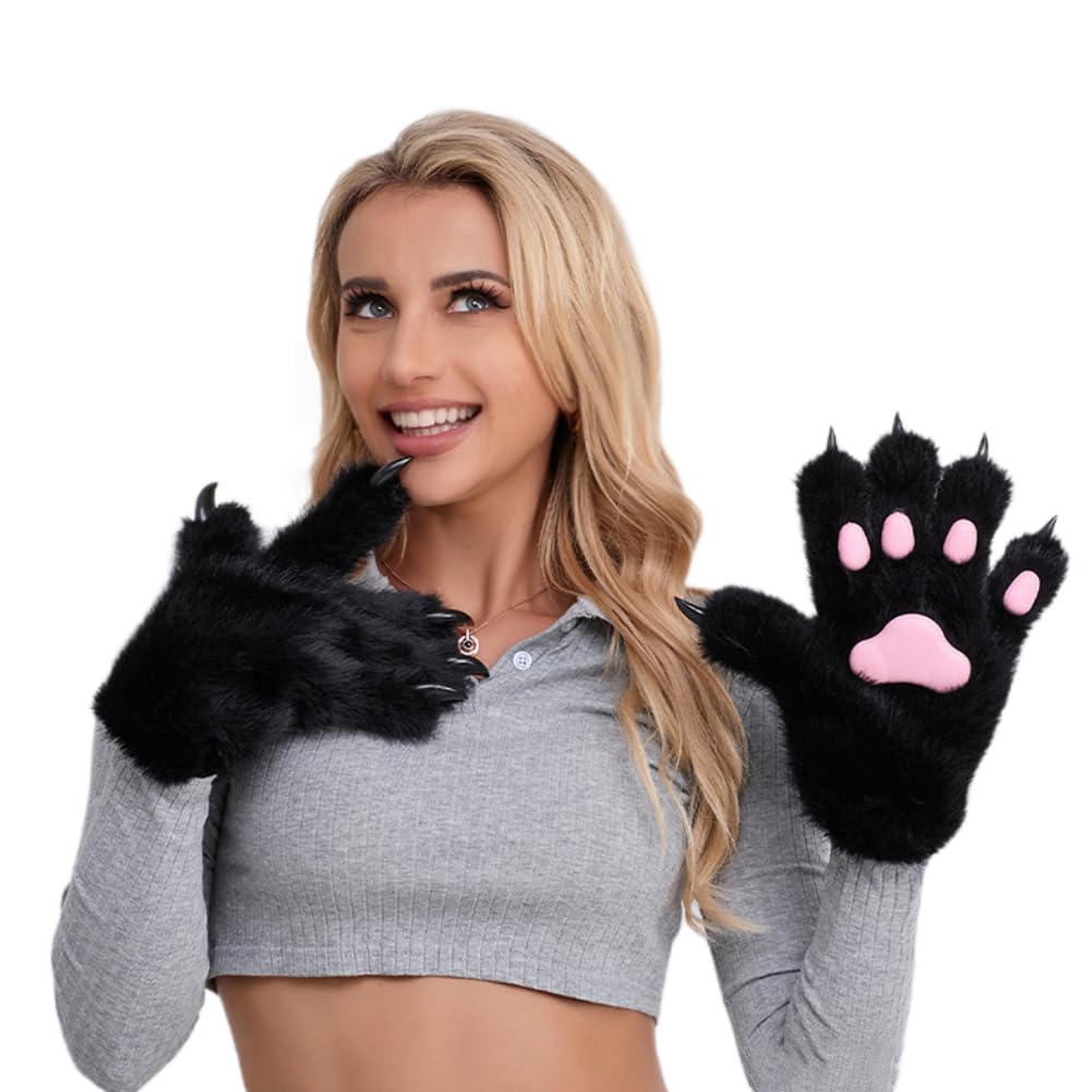 XGOPTS Cute Plush Cat Paw Gloves - Fluffy Bear Animal Claw Full Finger Mittens - Winter Thick Plush Thermal Gloves - Fancy Dress Costume Accessories for Halloween Cosplay Party Festival