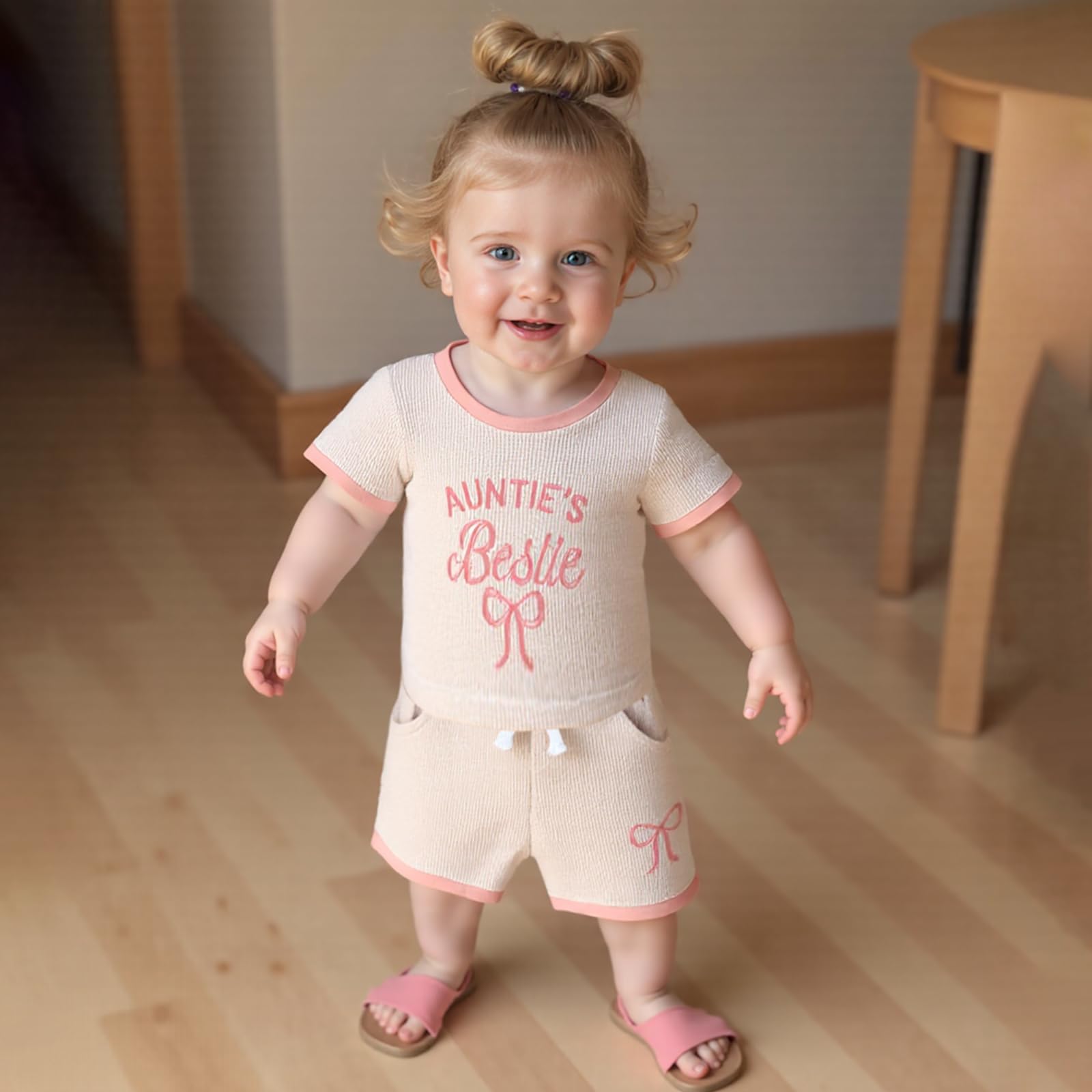 Lamuusaa Toddler Baby Girl Summer Clothes Aunties Bestie Letter Embroidery T-shirt Waffle Casual Shorts Set 3M-3T (Pink, 12-18 Months)
