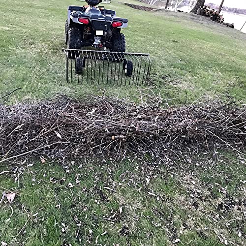 Image of Yard Tuff Pine Straw Rake, Steel Lawn Sweeper with 24 Spring Tines, 60-Inch - Leaf Collector Attachment with Pin Hitch for ATV, UTV or Utility Tractor