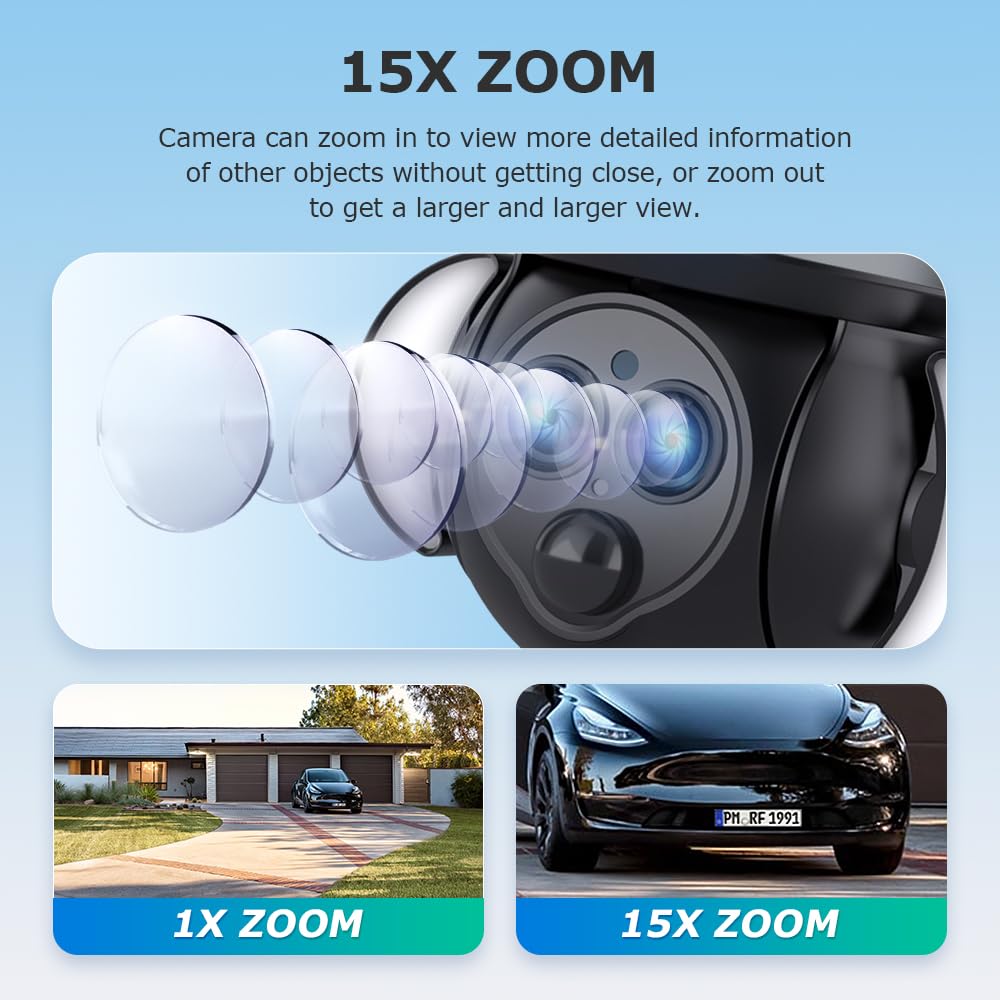 SHIWOJIA Bezprzewodowa zewnętrzna kamera solarna 4G, 6 MP, 15 x zoom, potrójny obiektyw, wykrywanie człowieka PIR + czerwone i niebieskie światła migające