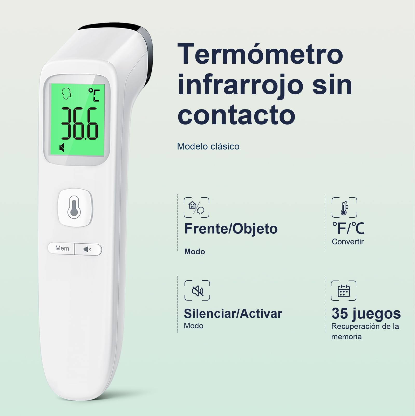 Viproud Termómetro digital infrarrojo sin contacto para frente, retroiluminación de tres colores, medición precisa, alarma de fiebre, apto para bebés, niños y adultos (blanco)