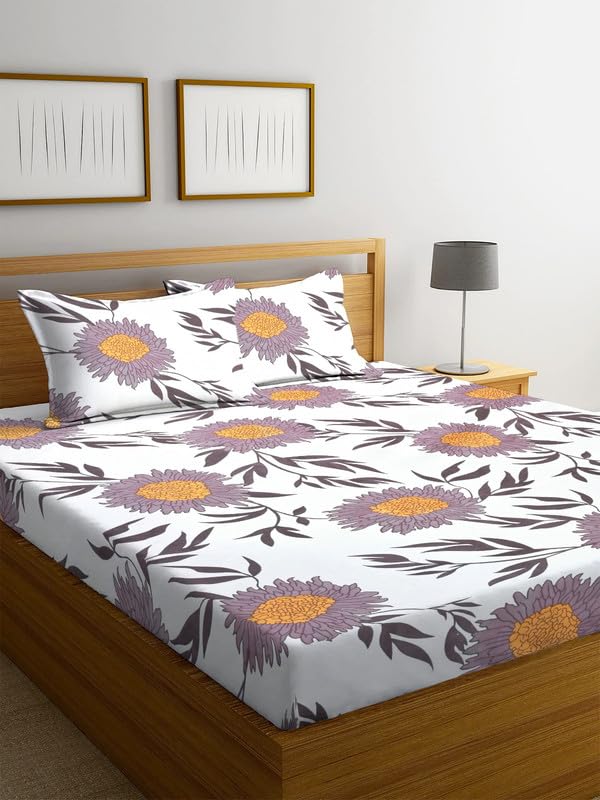 Image of NHD HOME Cotton Fitted King Size Double Bedsheets with 2 Pillow Covers | Elastic Fitted | Wrinklefree | Ultrasoft |All Season Bedsheet 210 tc tc Floral | 78 x 72+8 Inches, Lavender Rust Floral
