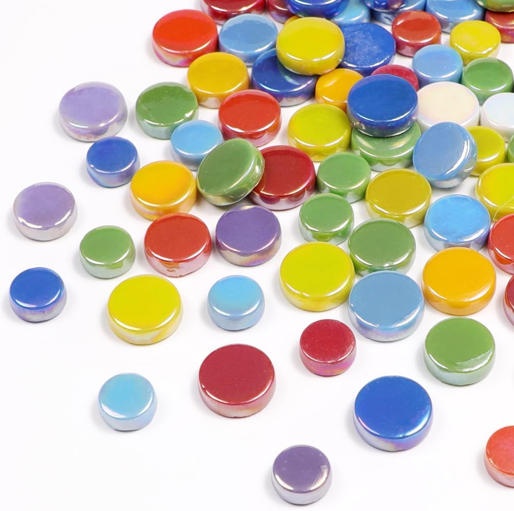 1 LB Penny Round Mosaic Tiles, 10mm ~20mm 5sizes Iridescent Rounds Recycled Glass Tiles Mix for Adults & Kids DIY Mosaic Making Garden Project (All Mix)