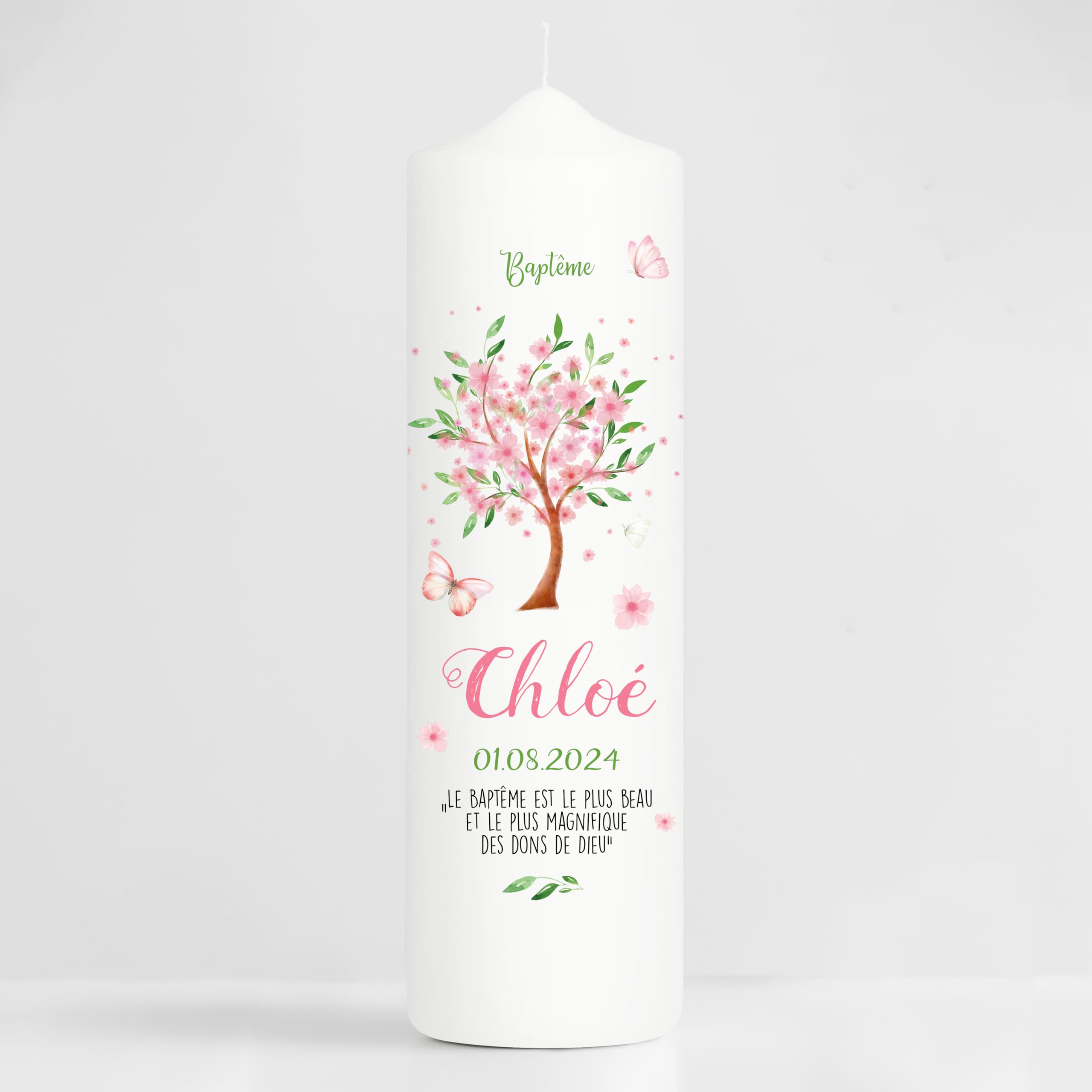 Bougie Baptême personnalisée Fille motif Arbre fleuri – Cierge Baptême avec prénom et date – Bougie imprimée – cierge personnalisé – 25 x 7 cm