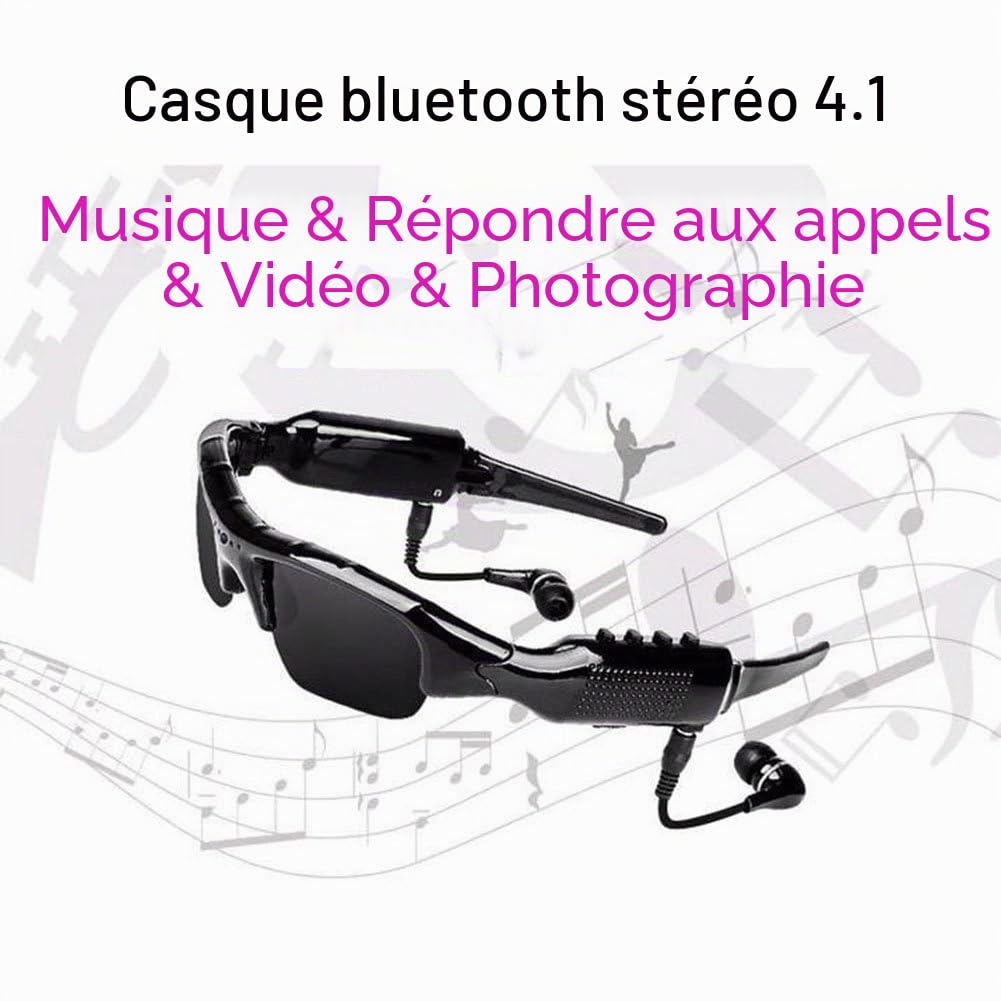 Lunettes de Soleil Bluetooth 5 m avec Carte Micro SD Extensible jusqu'à 32 Go avec MP3 + Bluetooth + Appareil Photo + Fonctions vidéo