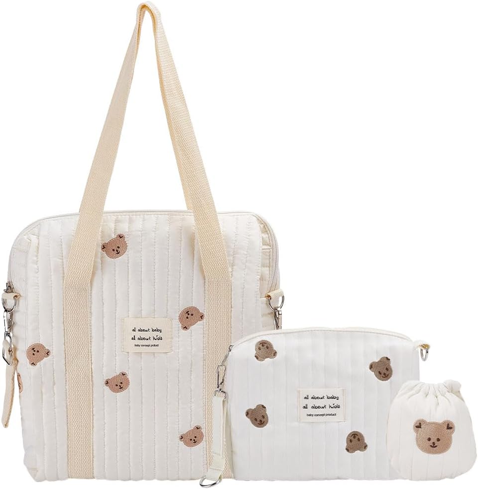 ORIGACH 3 Pcs Cute Bear Diaper Bag Tote, Multifunctional Cotton Mommy Tote Bag, Large Capacity & Multisize Quilted Diaper Bag for Travel, Hospital Birth & Pram