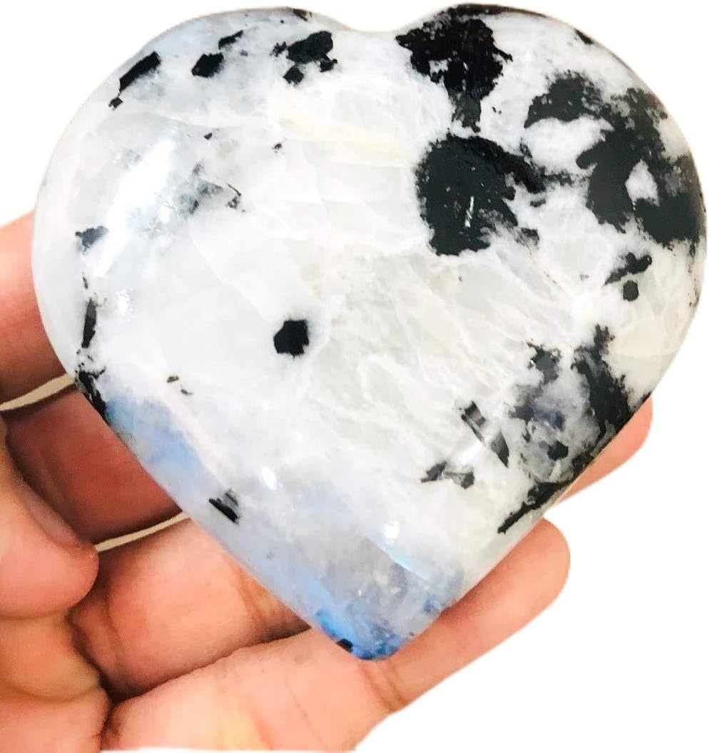 CRYSTALMIRACLENatural Rainbow Moonstone 62 MM Heart Rock Crystal Healing Gemstone Handcrafted Wellness Love Energy Aura Peace