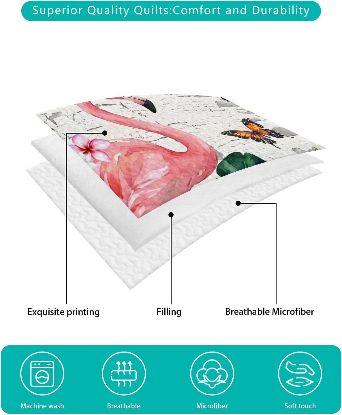 Queen Size Quilt Set, Pink Flamingo Green Leaf Lightweight Bedspread Coverlet Set Soft Microfiber Summer Quilt with 2 Pillow Shams, Summer Flower Butterfly Mottled Back 3 Piece Comforter Bedding Set
