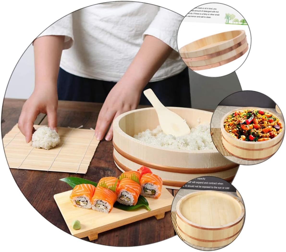 Wooden Sushi Rice Mixing Bowl 10-inch Size Sturdy Wood for Sushi or Bibimbap for Home Cooking and Japanese Cuisine