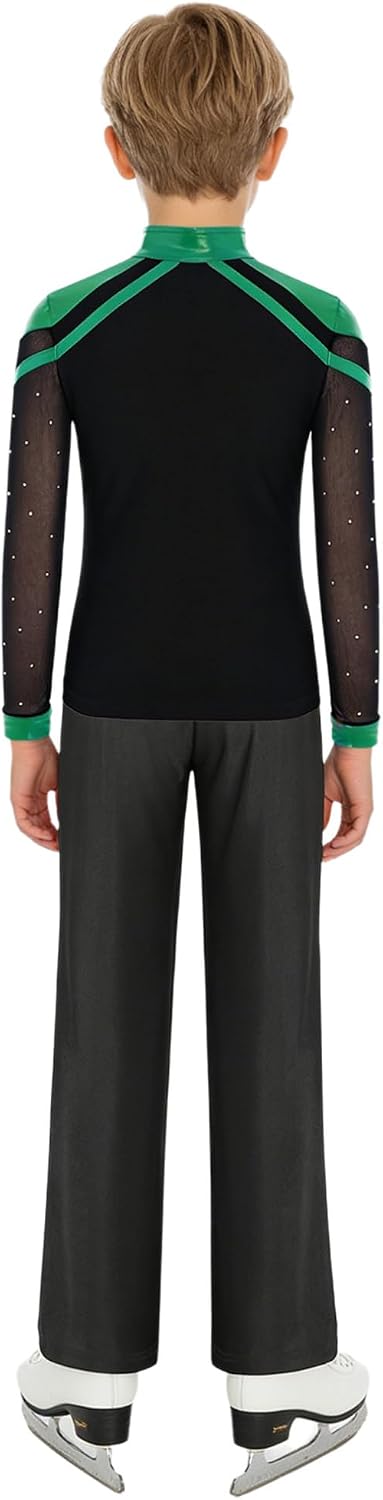 FEESHOW Kids Boys Sparkly Figure Skating Dance Outfits Shiny Rhinestones Long Sleeve Top with Staight-leg Pants Dancewear Green+Black 14 Years
