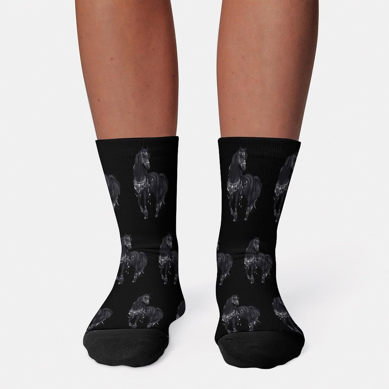 Black Arabian Horse Knee High Socks Athletic Long Stockings Sport Casual Crew Tube Sock Boot 30cm