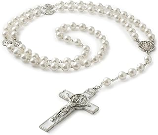 Rosary Beads Catholic for Women - Rosary Necklace for Women with Pearl Beads - Medal Cross Saint Benedict Rosary for Men - Prayer Rosarios Catolicos Jewelry Gift