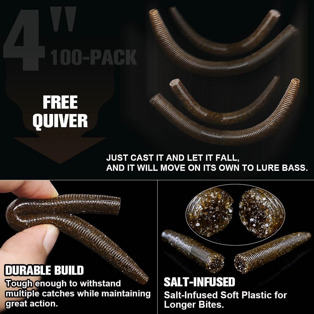 Wacky Worms Soft Plastic for Bass Fishing Lures–100 Pack 4" & 5" Stick Baits Wacky, Texas, Neko & Drop Shot Rigs–Bulk Soft Lure