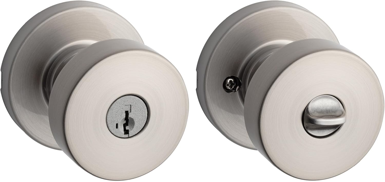 Kwikset Pismo Entry Door Knob with Lock and Key, Secure Keyed Handle Exterior, Front Entrance and Bedroom, Satin Nickel, Pick Resistant SmartKey Rekey Security and Microban