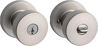 Kwikset Pismo Entry Door Knob with Lock and Key, Secure Keyed Handle Exterior, Front Entrance and Bedroom, Satin Nickel, Pick Resistant SmartKey Rekey Security and Microban