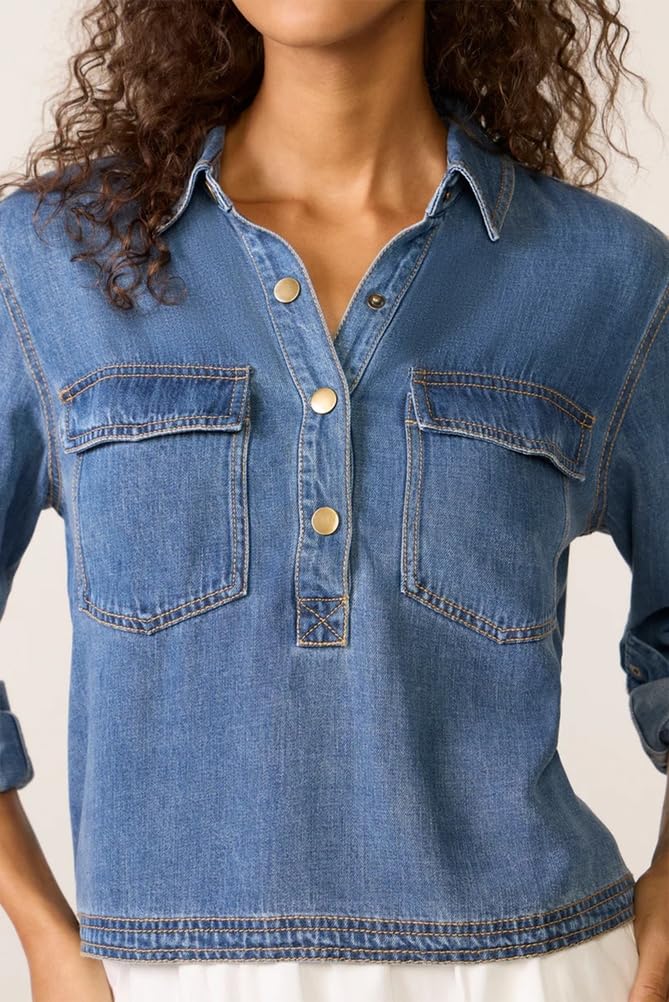 Chemise en Jean Décontractée pour Femmes À Col en V Manches Longues Boutonnée Et À Enfiler