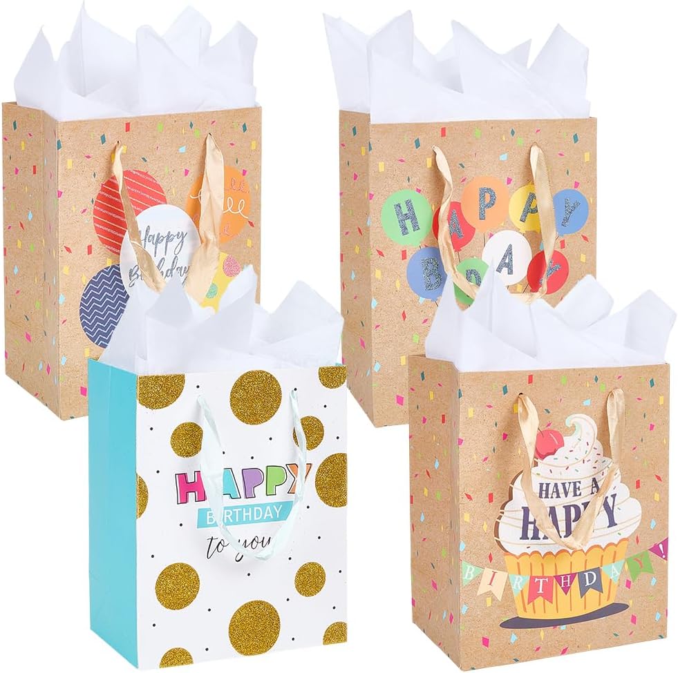 SOFPLATE 4Pcs 7 x 4 x 9 Inch Happy Birthday Shopping Bags Birthday Gift Bag with Tissue Paper Colorful Balloon Rectangle Heavy Duty Present Wrapping Paper for Party Favor Presents Packaging Decoration