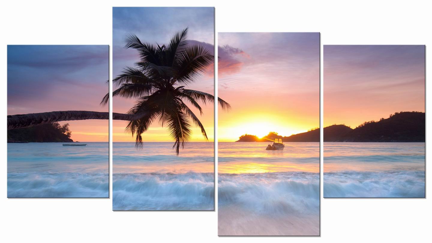 Pyradecor Sunrise Beach Theme Canvas Prints Wall Art Ocean Sea Pictures Paintings for Living Room Bedroom Home Office Decorations Modern 4 Piece Stretched and Framed Seascape Giclee Artwork