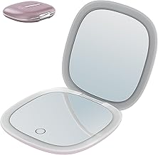 Makeup Mirror with LED Light – Portable Pocket Mirror or Magnifying Bag 1X/10X Double-Sided, Rechargeable, Touch Sensor, USB – Small Folding Mirrors for Travel (Pink-Gold)