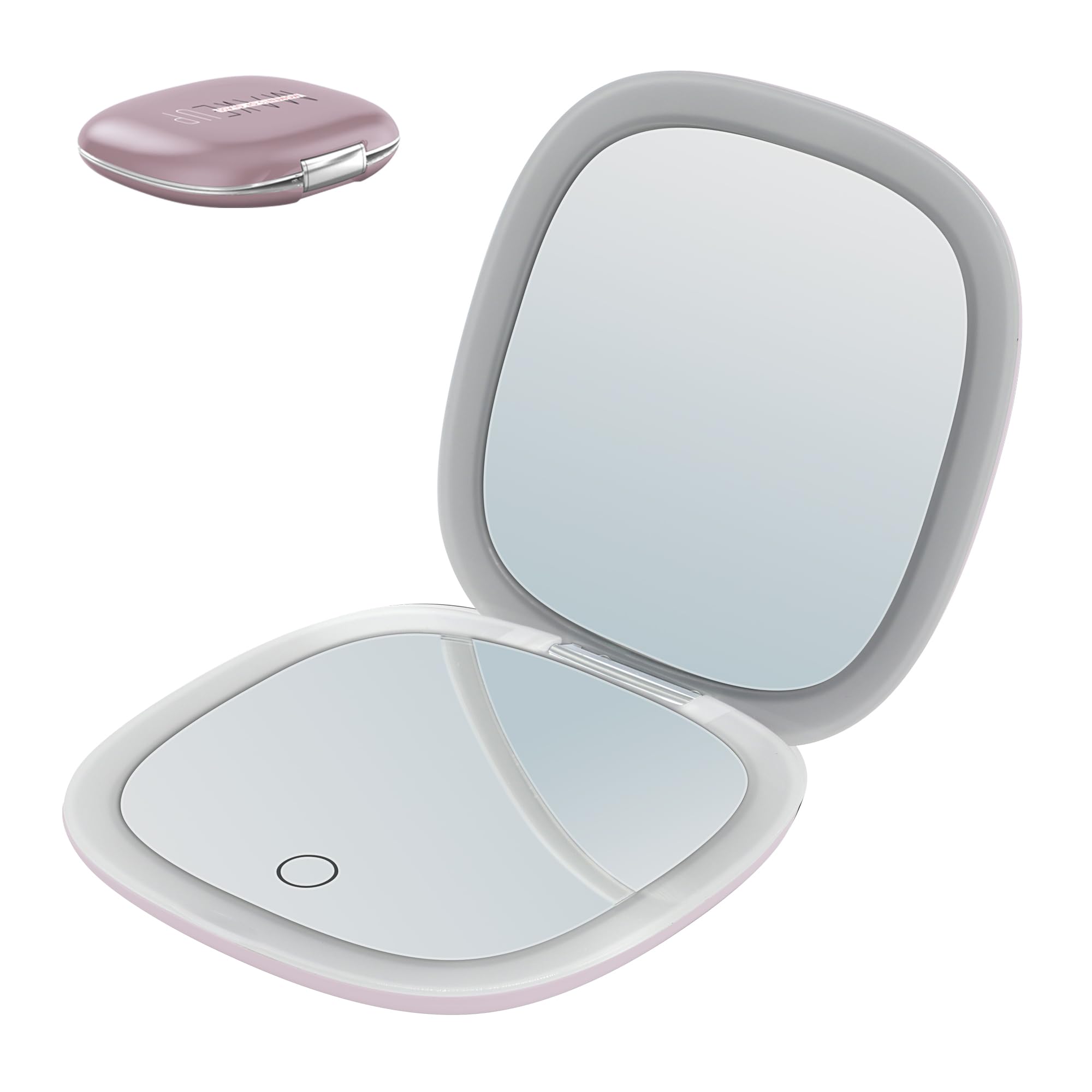 Espejo de Maquillaje con Luz LED - Portátil Espejo de Bolsillo o Bolso de Aumento 1X / 10X Doble Cara, Recargable, Sensor Táctil, USB - Espejos Pequeños Plegable para Viaje (Rosa-Oro)
