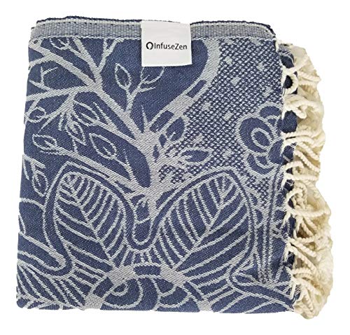 Infusezen Flower Print Turkish Towel With Polka Dots - Extra Large Thin And Lightweight Floral Peshtemal Hammam, Beach Or Bath Fouta Towel - Reversible 100% Cotton Pool Gym Towel (Navy) #TOP25
