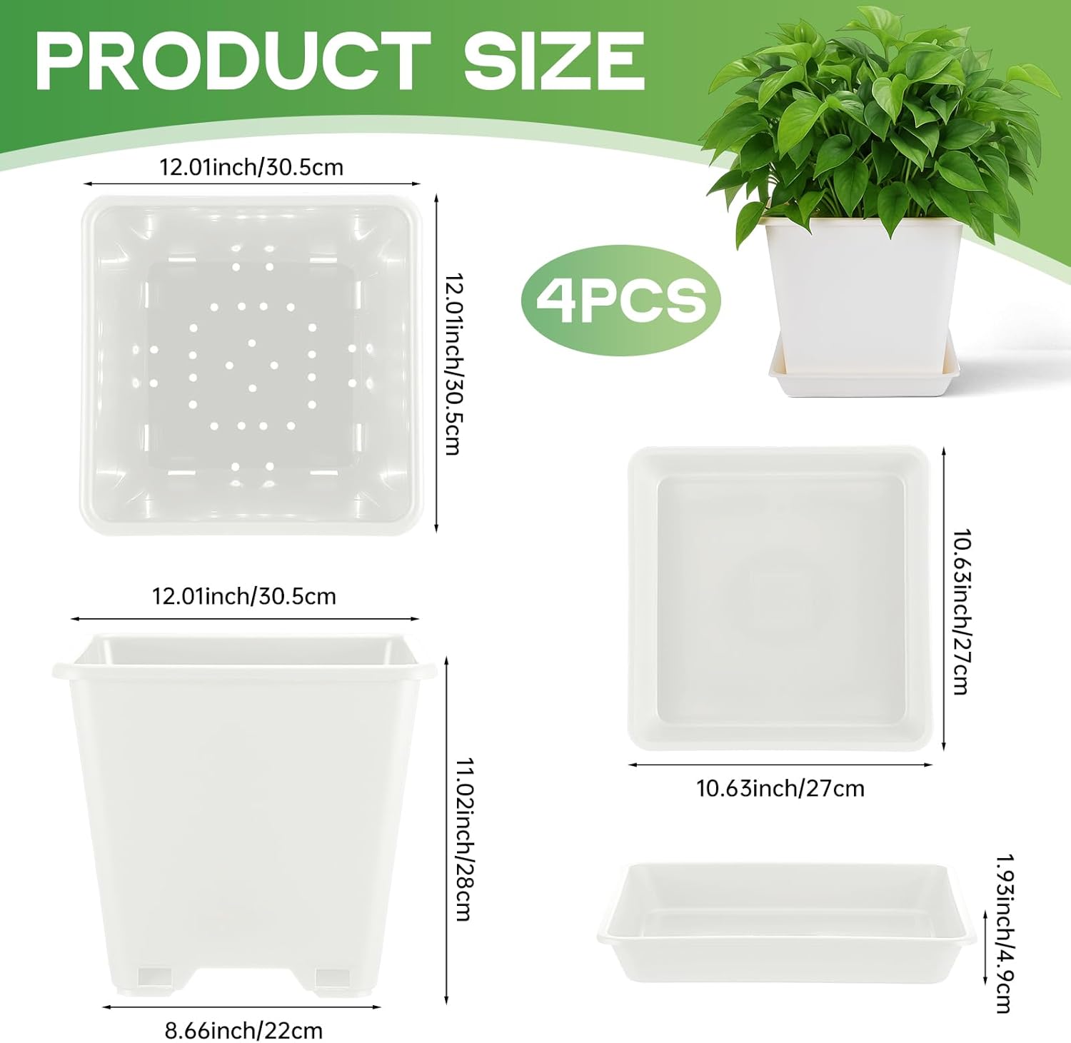4 Set Large Square Plastic Planter with Drainage & Saucer, 12" Outdoor & Indoor Plant Pots with Drainage Holes, Garden Thick Plastic Pots Container, Uv-Resistant(12",Square,White)