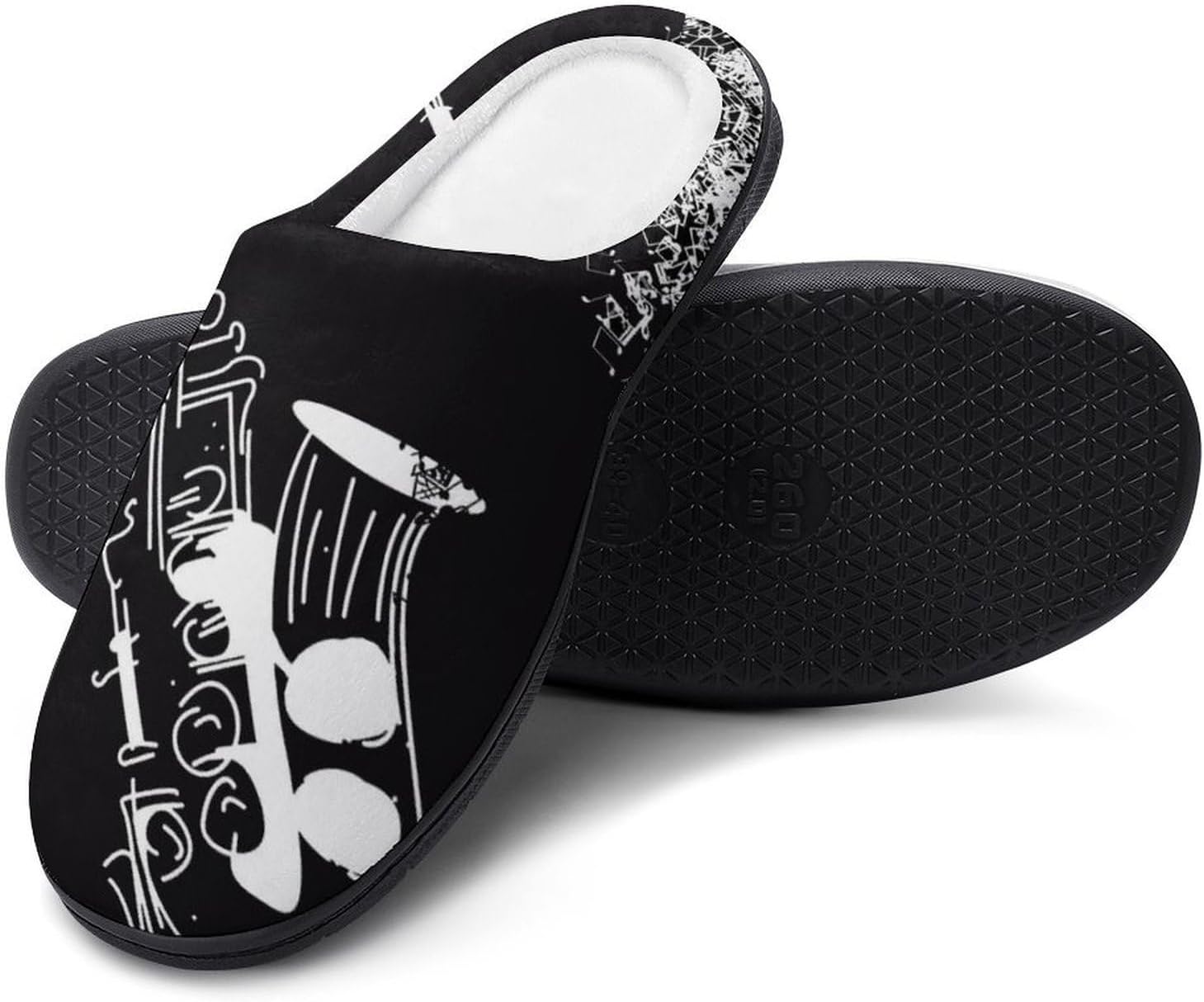 Black White Saxophone Women's House Slippers Memory Foam Warm Shoes Spa Rubber Sole Indoor Outdoor