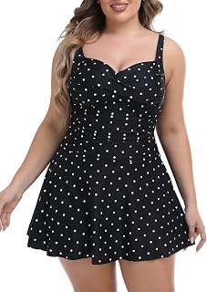 RELLECIGA Women's Ruched Tummy Control Swimwear Square Neckline One Piece Skirt Swimsuit Bathing Suits for Women