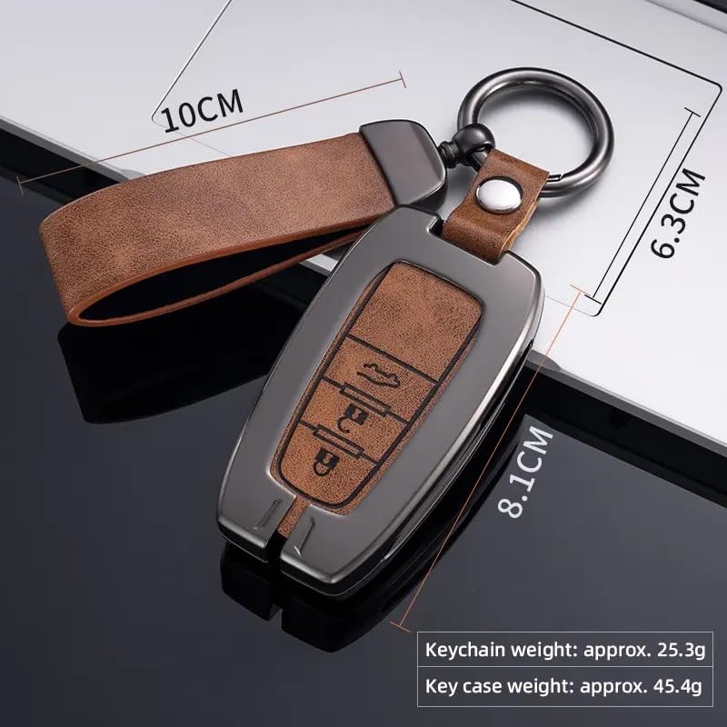 Image of Zinc Metal Alloy Leather Car Key Cover & Case Brown with Keychain & Holder Compatible for Maruti Suzuki Invicto (3 Button Push Smart Key)