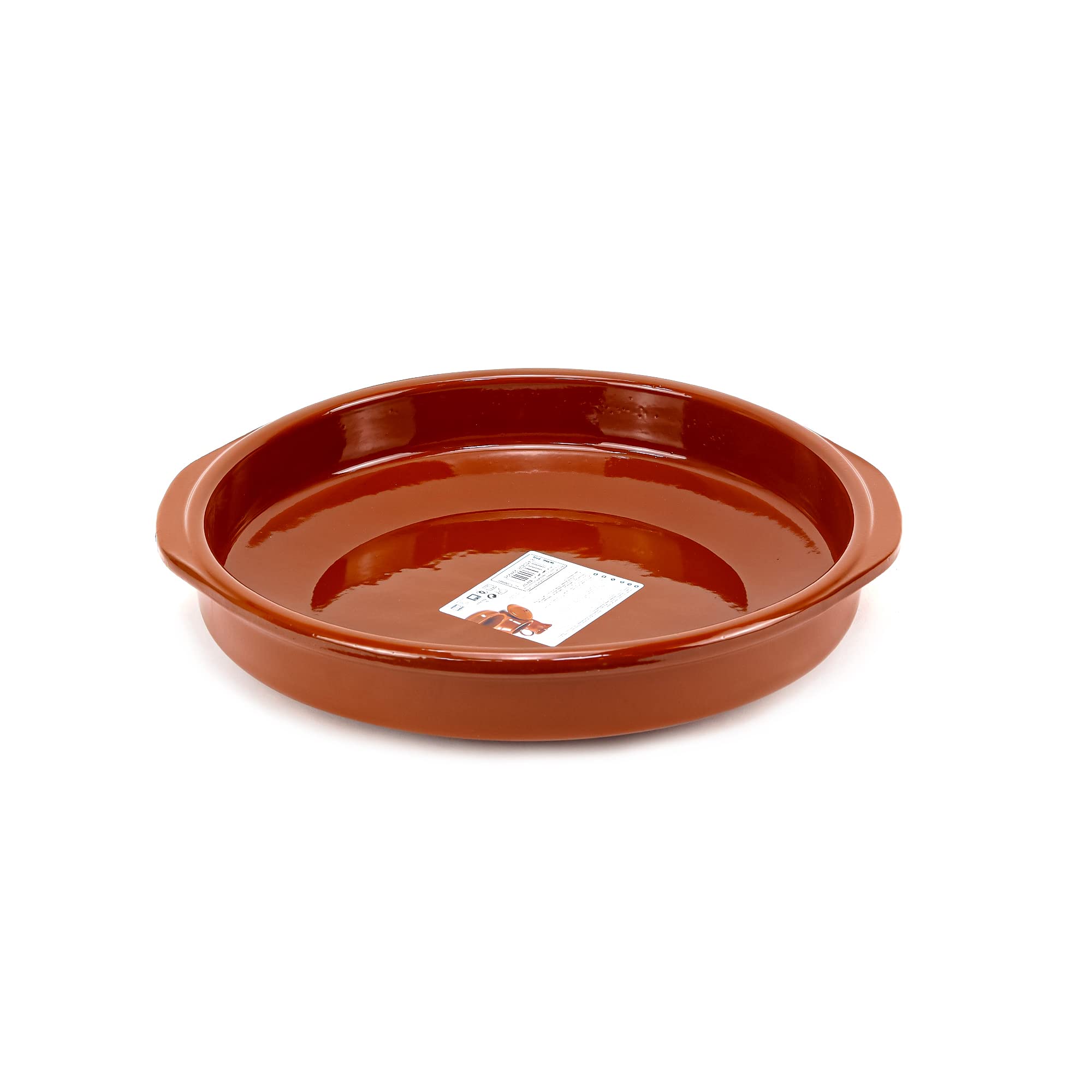 REGAS Round Clay Deep Plate with Handle, Handmade in Spain Pottery Thick Strong Sand Mud Multipurpose Kitchen Dining Tableware Serving Plates with Ceramic Coating Natural and Healthy Brown Color 34CM