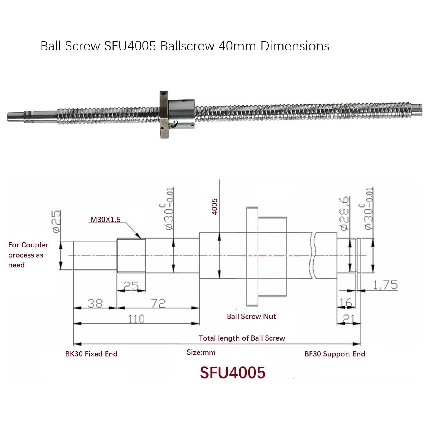 4005 Linear Motion CNC Ball Screw with Anti Backlash Nut, Coavoo SFU4005 2850mm / 112.2 inch 40mm Ballscrew + BK30 BF30 Bearing End Support Mount + Coupler/Coupling + DSG Nut Housing