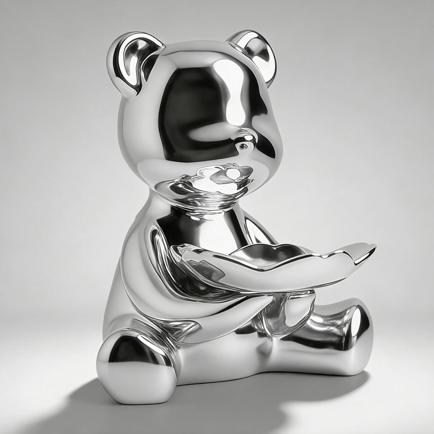 Baitiane Decorative Tray Key Bowl, Ceramic Bear Figurine Organizer, Entryway Table Statue Decor Catchall, Bookshelf Decoration Storage for Candy, Ideal Gift for Birthday & Festival (Silver)