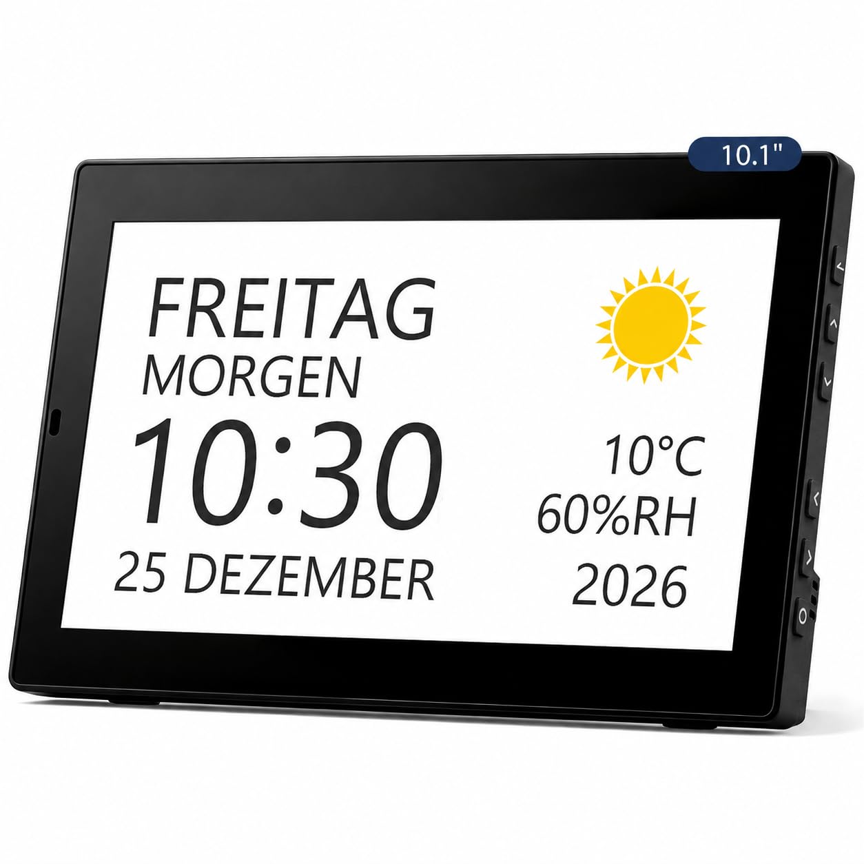 ROCAM 10,1" Demenz Uhr für Senioren, Digitaler Wecker mit Kalender | 20 Alarmen und Erinnerungen, Großes IPS Display, Datum, Wochentag, Temperatur, Luftfeuchtigkeit, Foto-Diashow über USB/SD