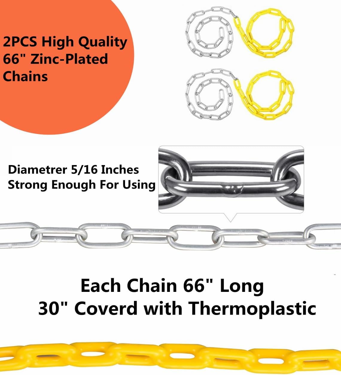 ABUSA 2Pcs 66" Swing Chains with 4Pcs Quick Connection Hooks, Heavy Duty Swing Hanging Chain Kit for Indoor Outdoor Playground Equipment,Swing Set,Boxing Bag and More, 1000 lb Capacity（SC006）